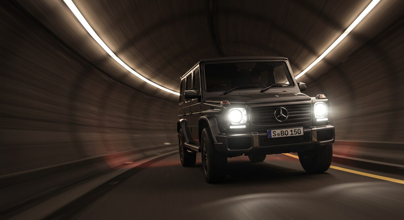 Mercedes Benz G-Class driving in a narrow tunnel