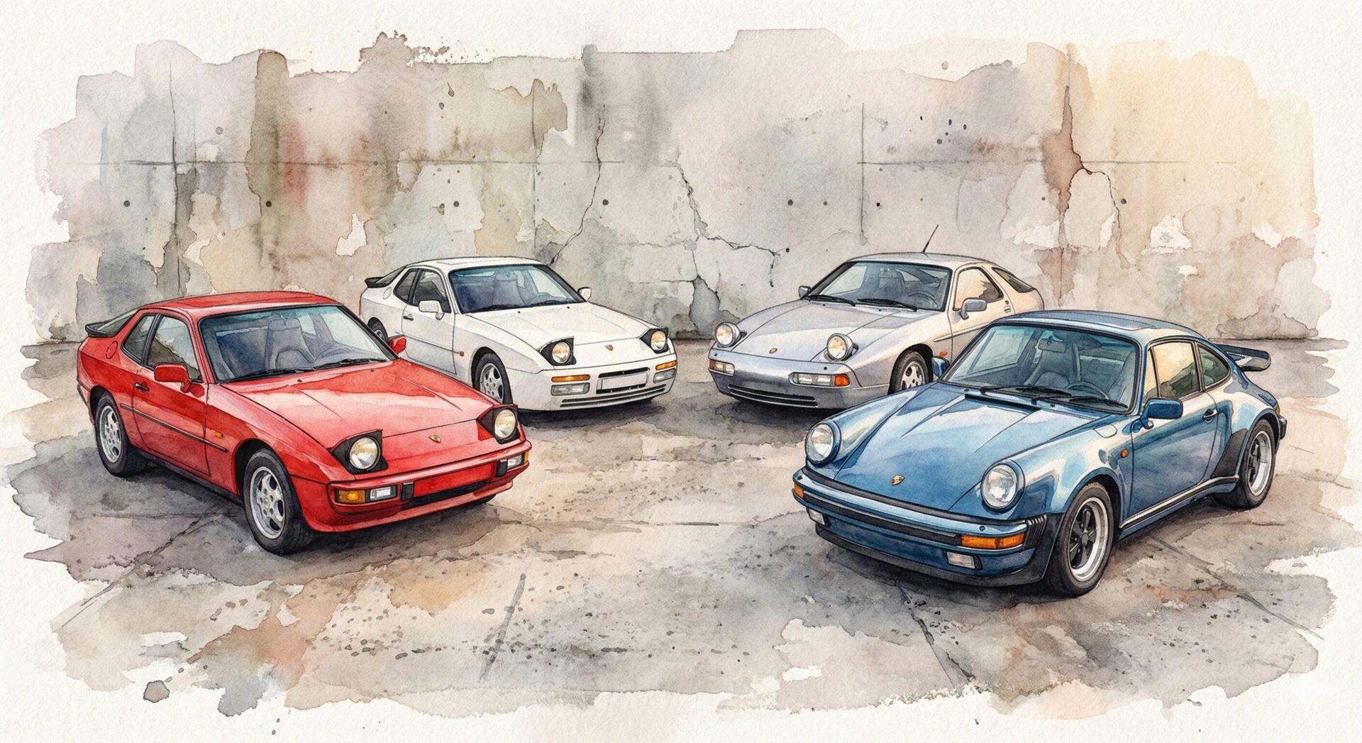 ポルシェのリトラクタブルヘッドライトモデルを集合させた手描き