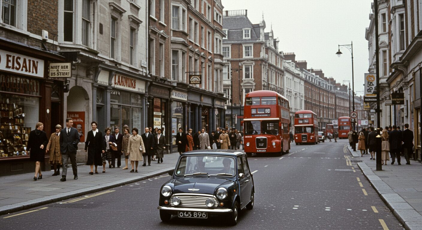 1960年代のロンドンの街並みとミニクーパー