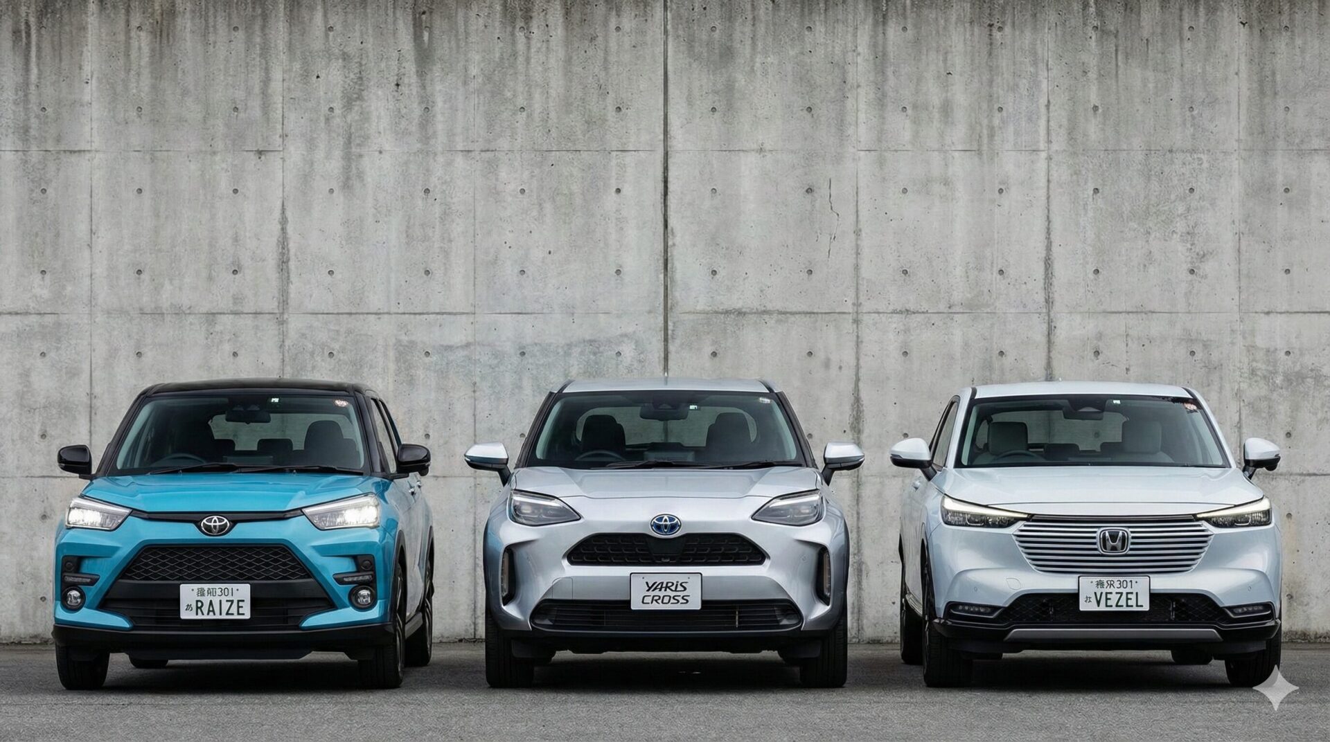 トヨタヤリスクロスを中央に、左にトヨタライズ、右にホンダヴェゼル