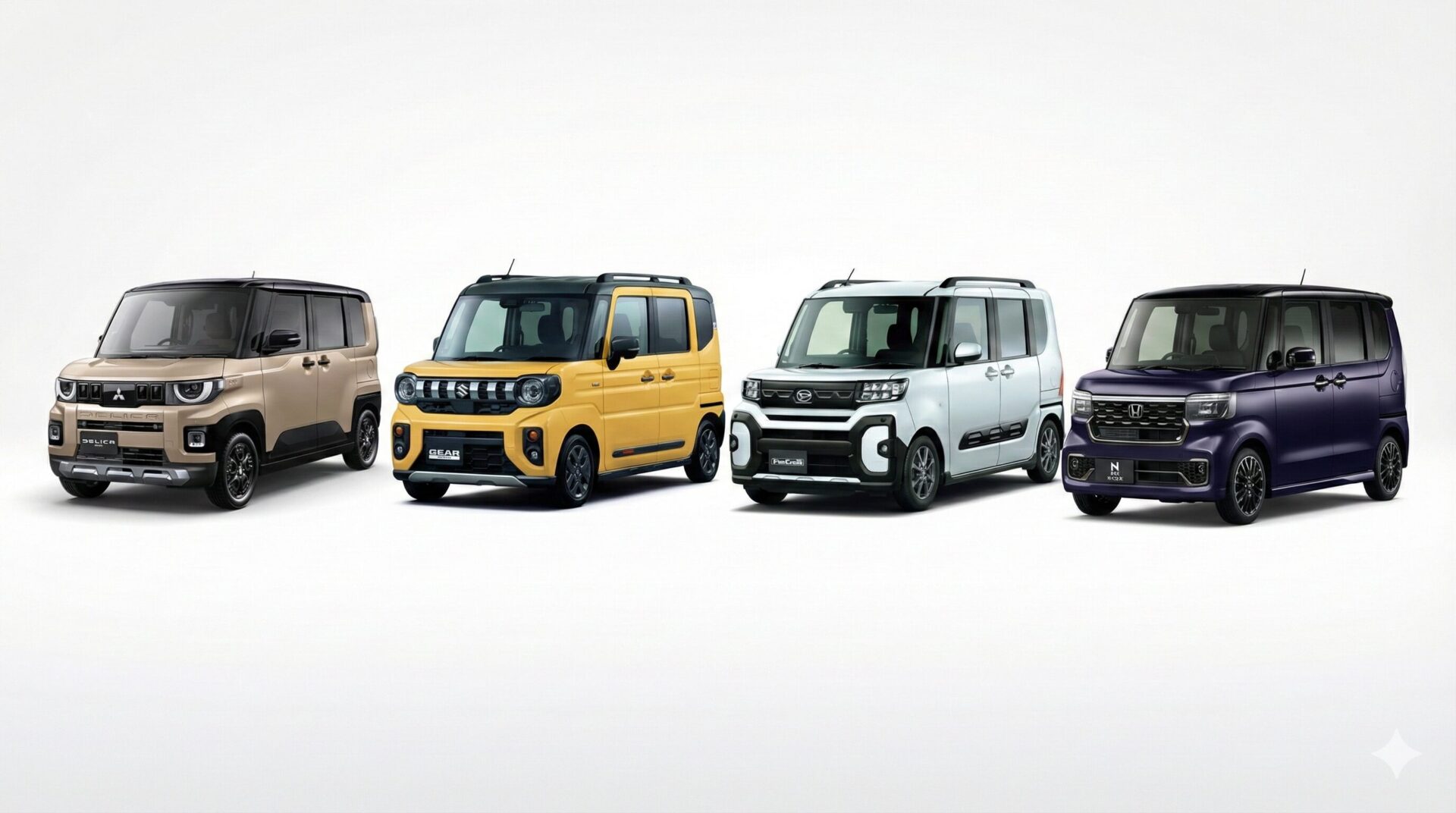 左からデリカミニ、スペーシアギア、タントファンクロス、N-BOX カスタム