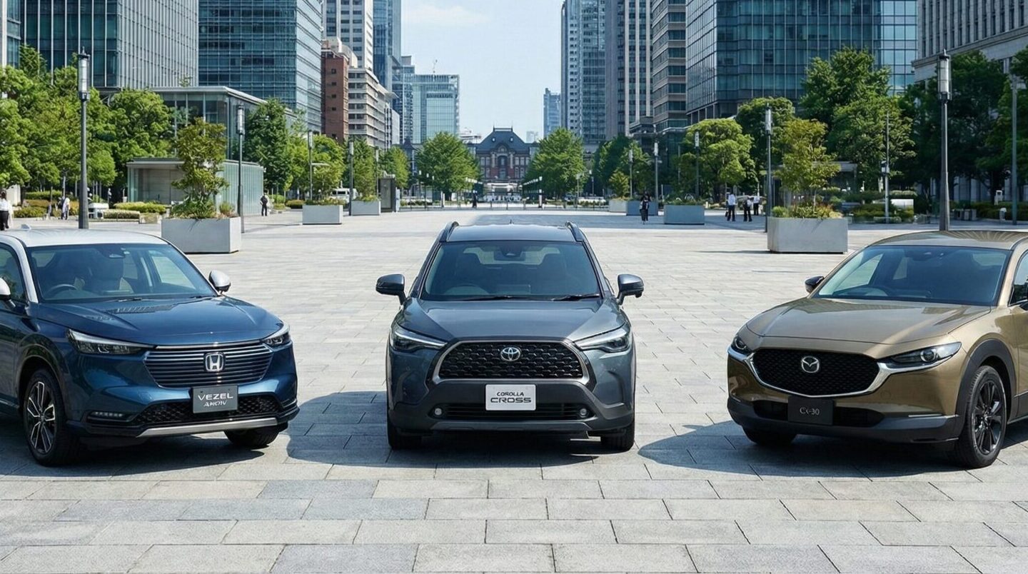 左からホンダ ヴェゼル・カローラクロス・マツダ CX-30